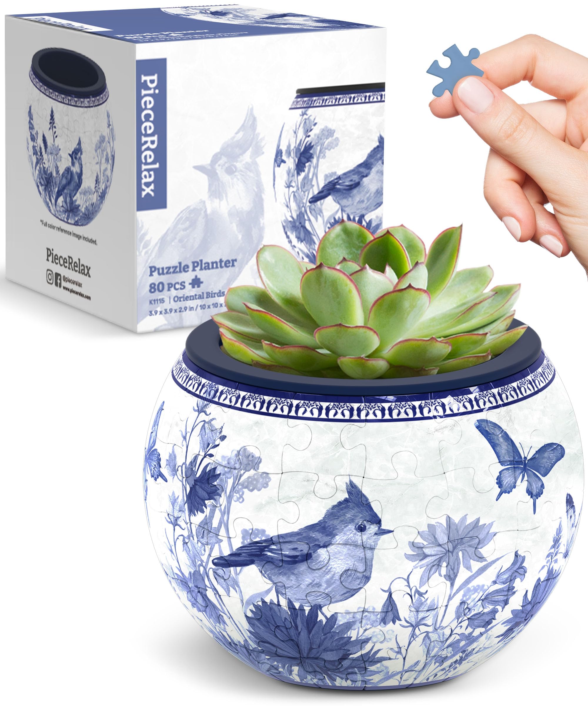 PieceRelax 3D Puzzle Planter with Oriental Birds design, front view