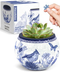 PieceRelax 3D Puzzle Planter with Oriental Birds design, front view