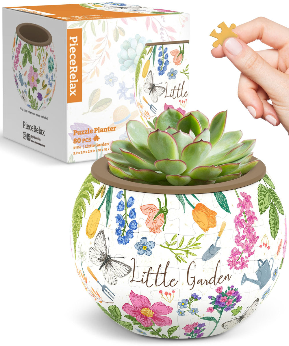 PieceRelax Unique 3D Puzzle Planter front view with vibrant Little Garden design