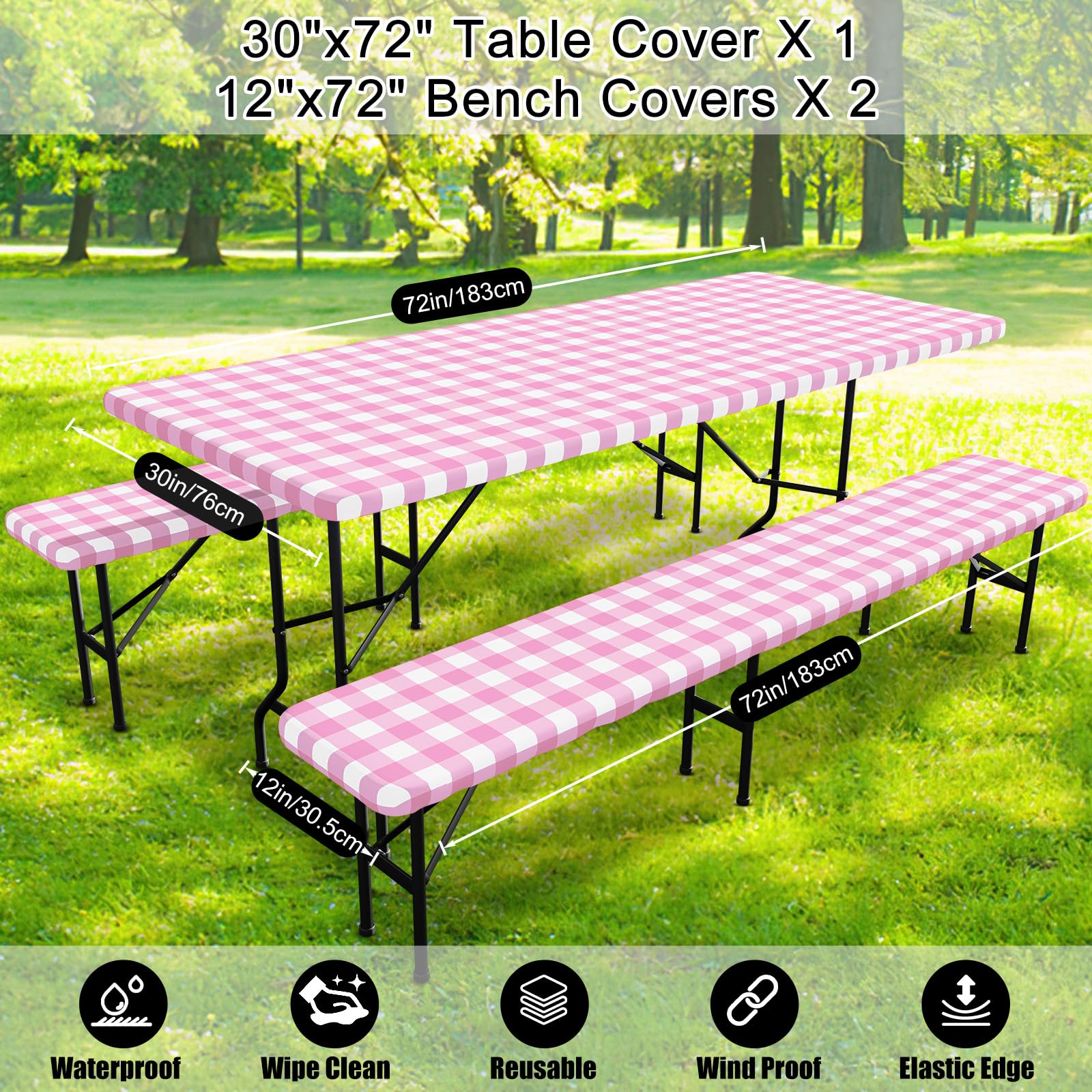 Pink and white buffalo plaid design of Smiry picnic table cover set