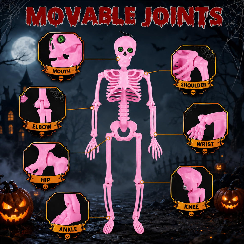 Pink skeletons displayed on a porch for Halloween