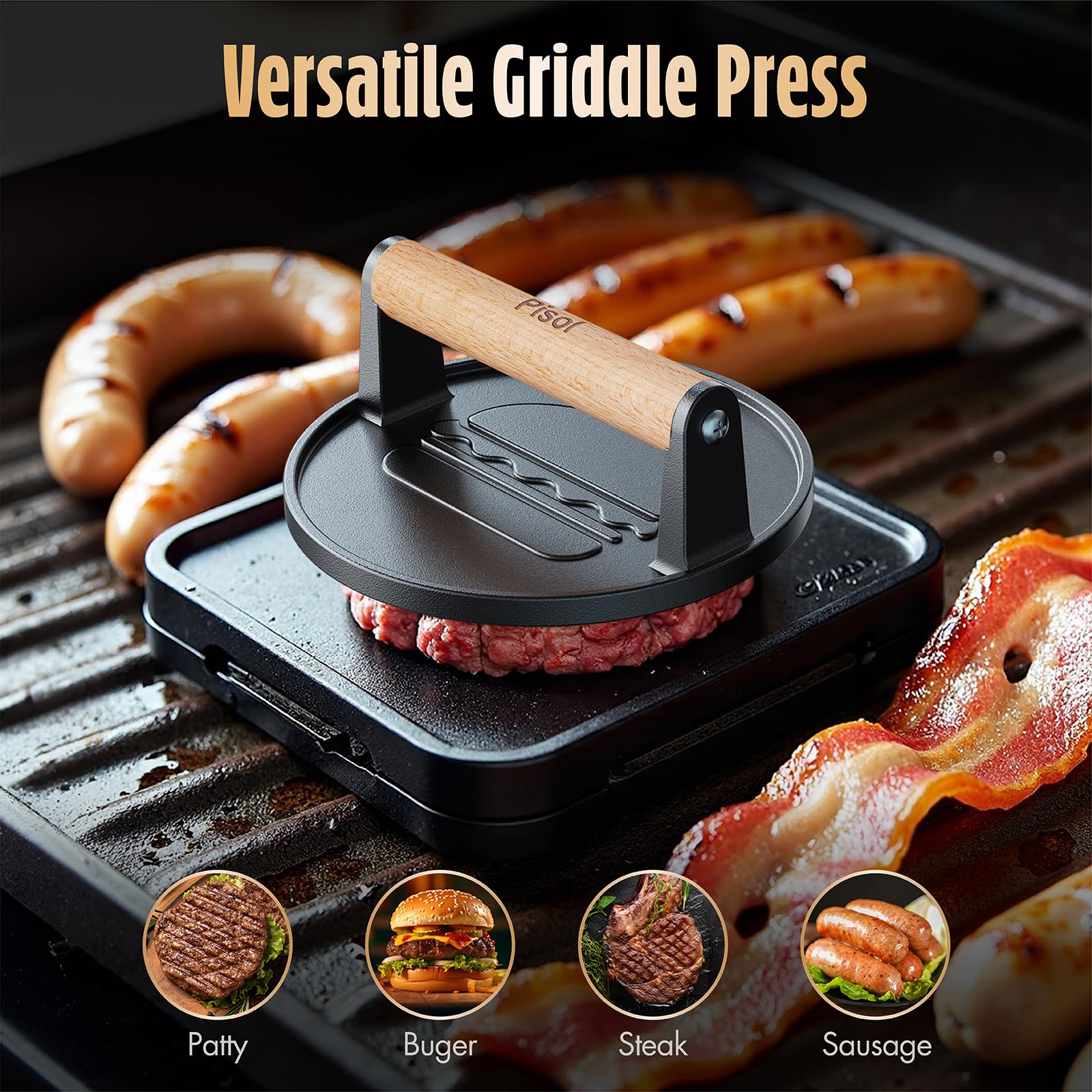 Pisol burger press with bacon and burgers