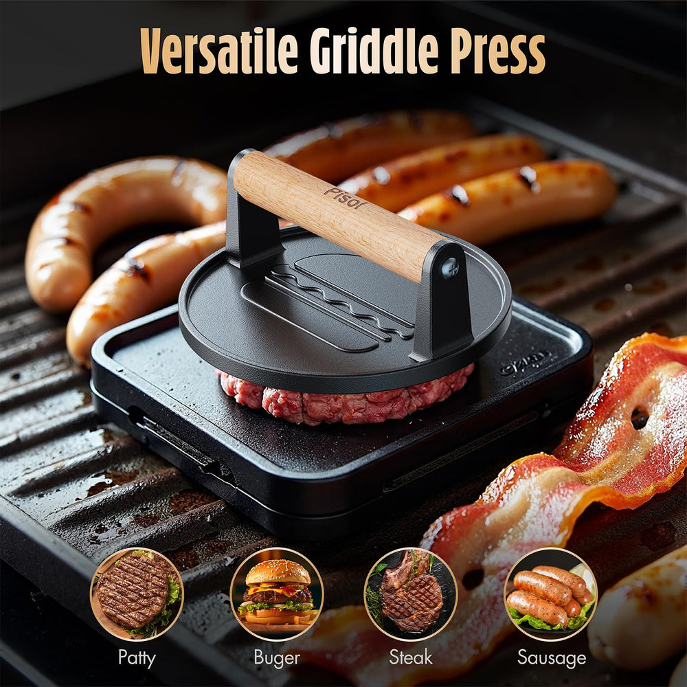 Pisol burger press with bacon and burgers