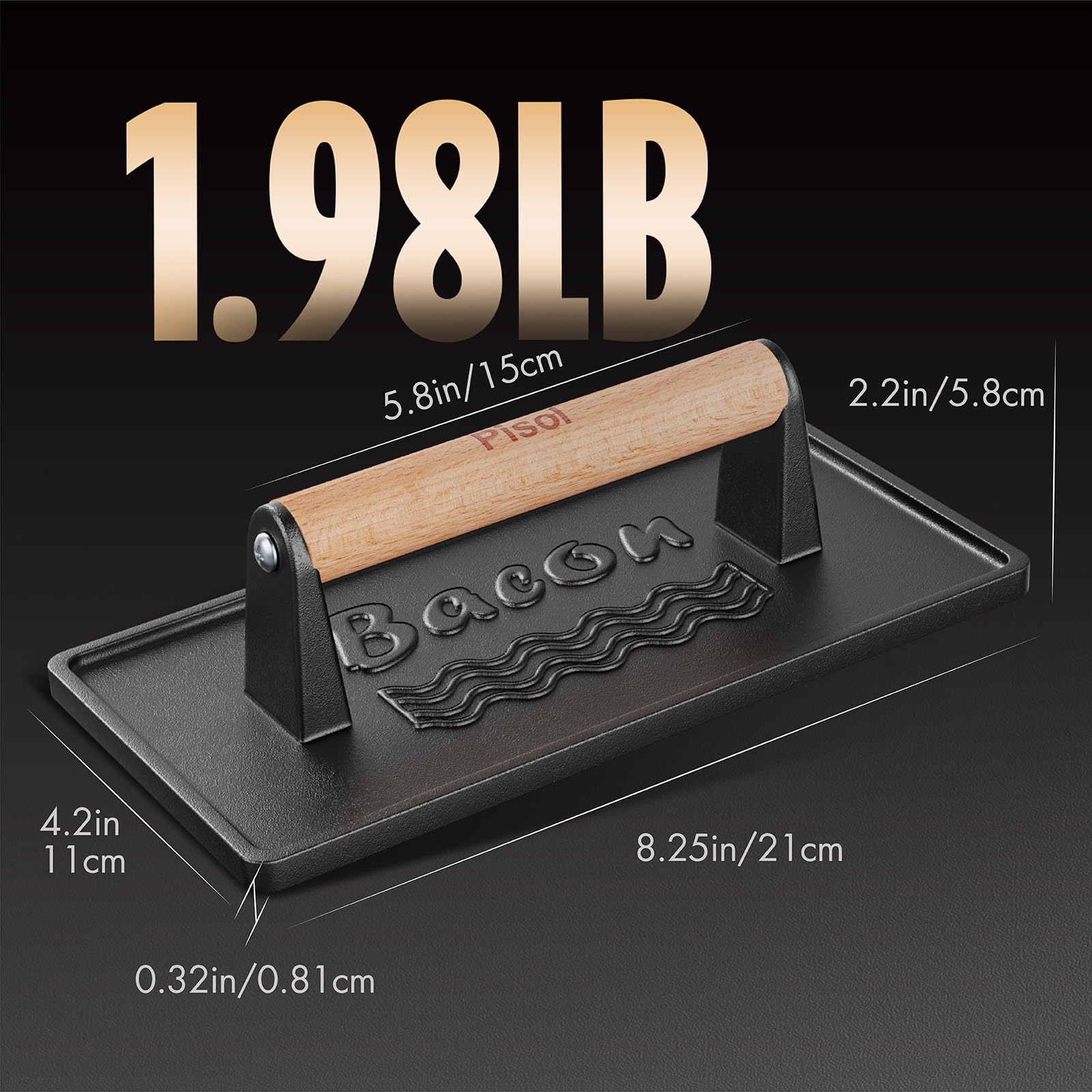 Pisol Cast Iron Smash Burger Press dimensions on table