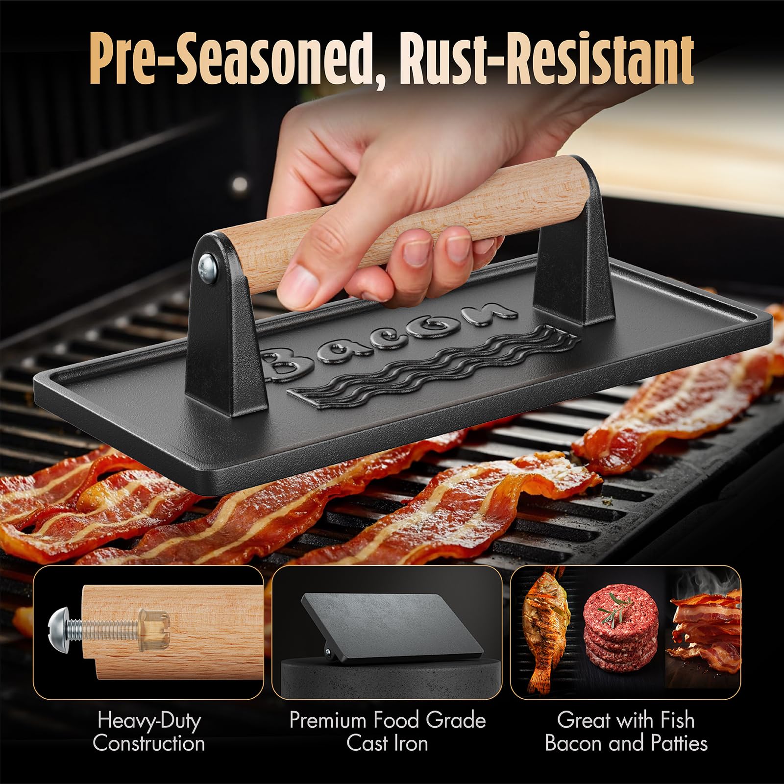 Pisol Cast Iron Smash Burger Press in use on grill
