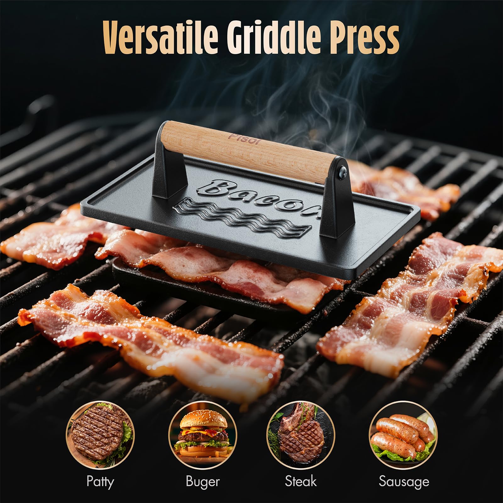 Pisol Cast Iron Smash Burger Press with burgers on grill