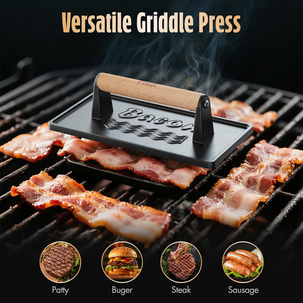 Pisol Cast Iron Smash Burger Press with burgers on grill