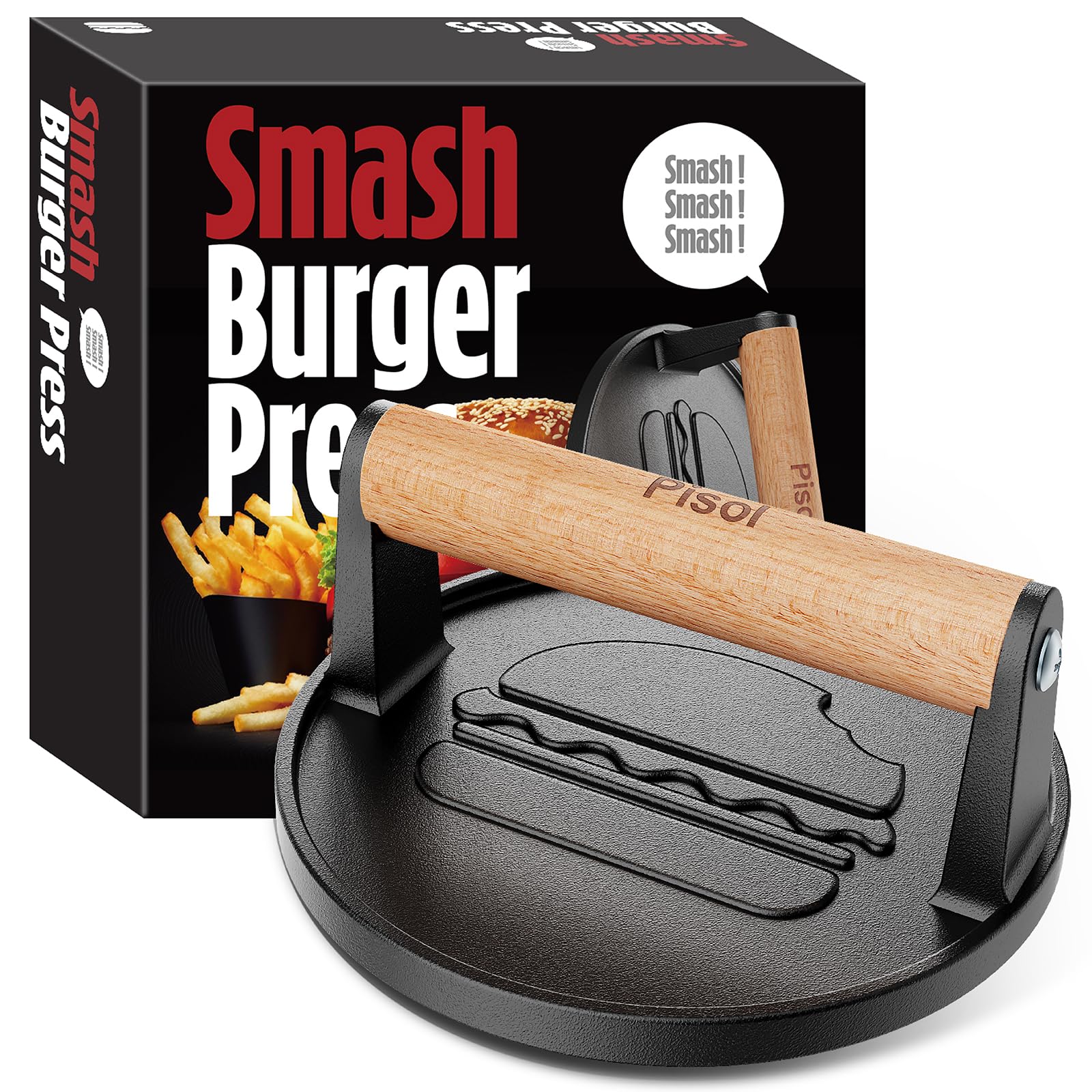 Pisol Pre-Seasoned Cast Iron Smash Burger Press front view