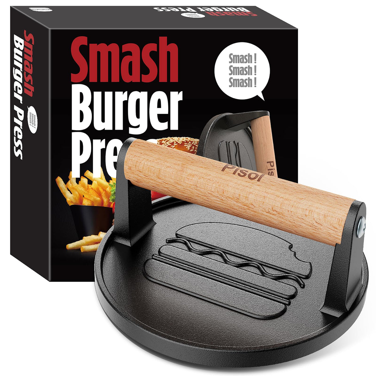 Pisol Smash Burger Press front view with wooden handle