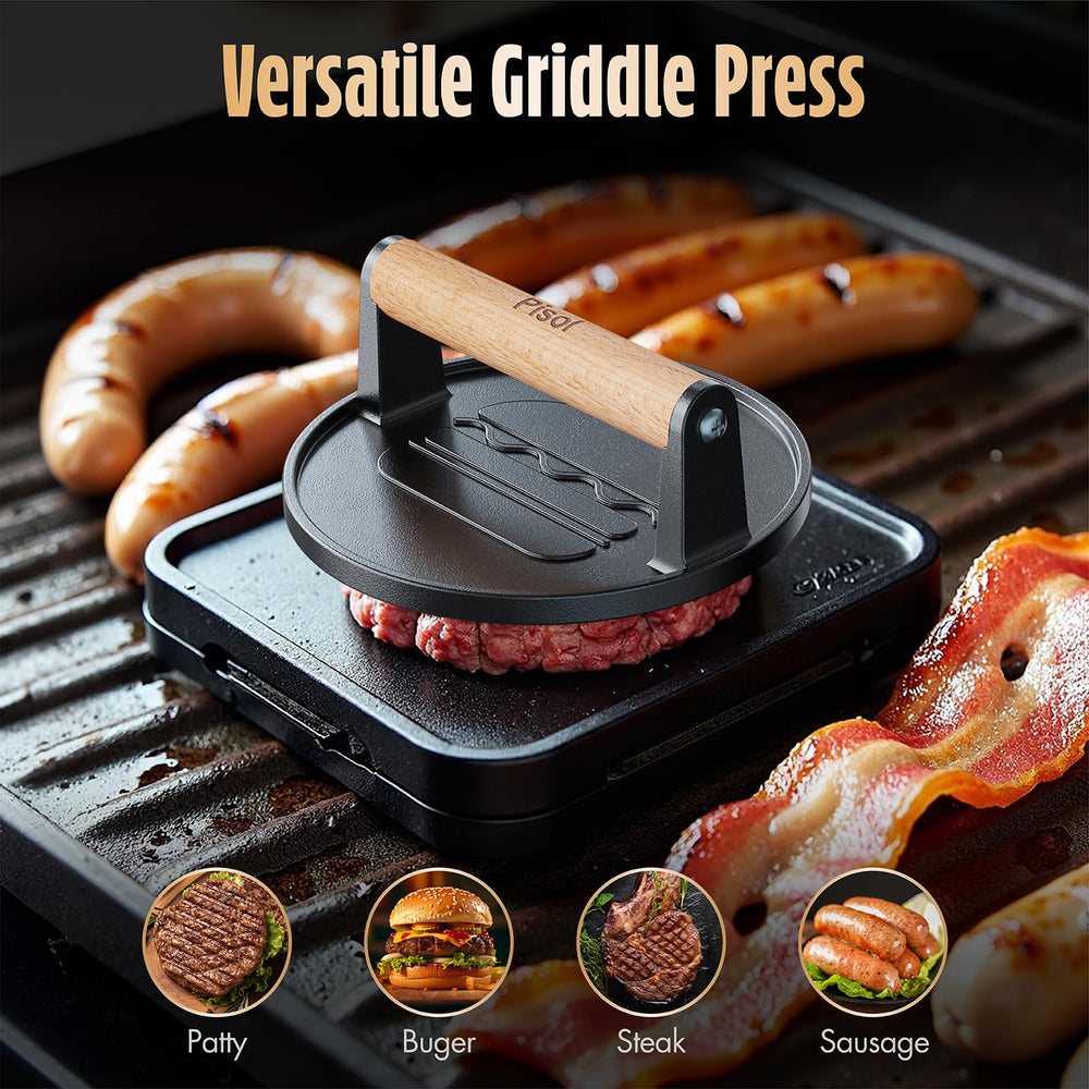 Pisol Smash Burger Press showing cooking bacon on a skillet