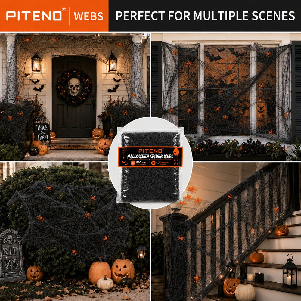 Piteno Halloween decorations including spider web and spiders