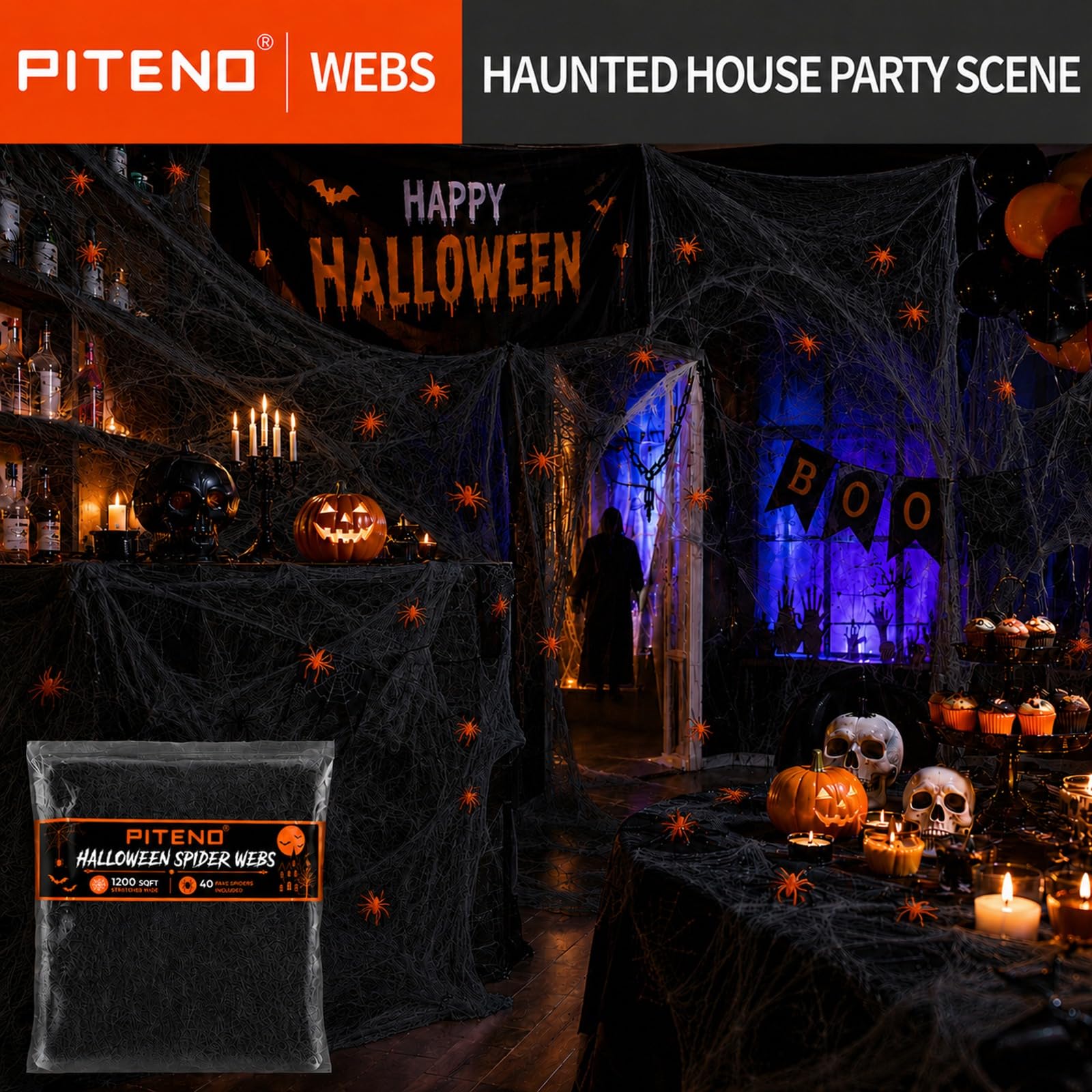 Piteno Spider Webs displayed in a festive Halloween arrangement