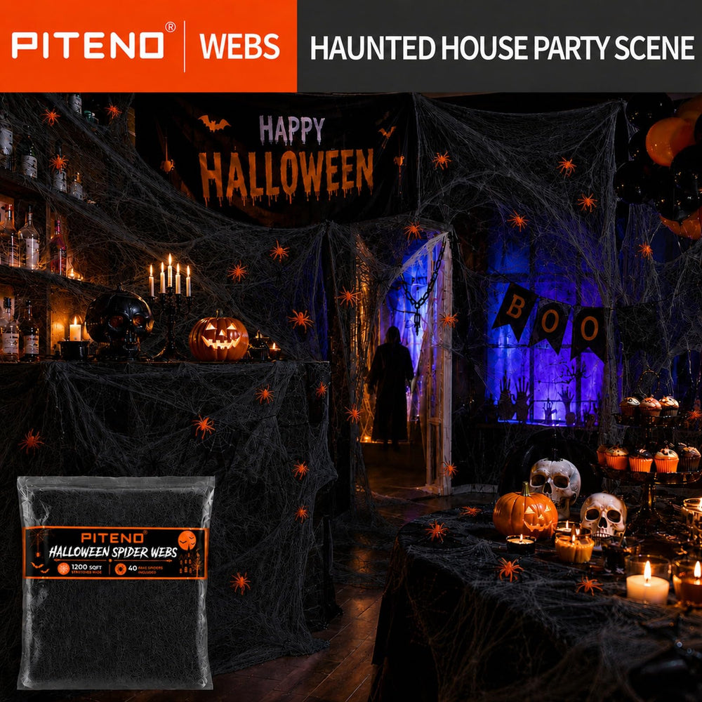 Piteno Spider Webs displayed in a festive Halloween arrangement