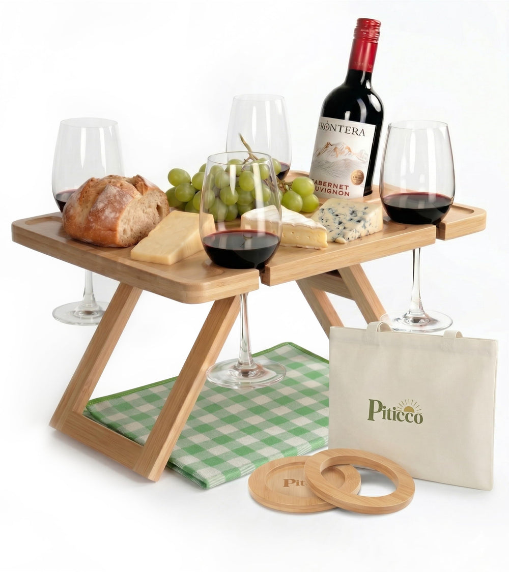 Piticco Portable Wine Picnic Table with bamboo design and bottle holder