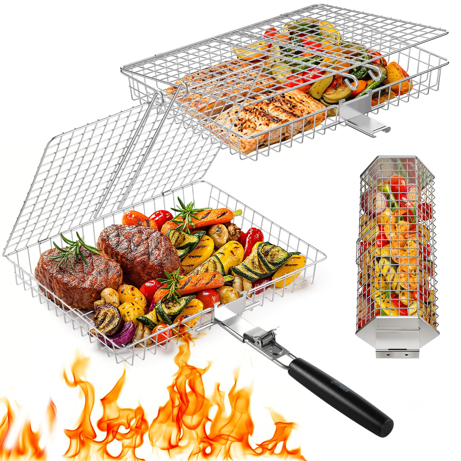PitInnov Grill Baskets Set, two rectangular and one hexagonal basket