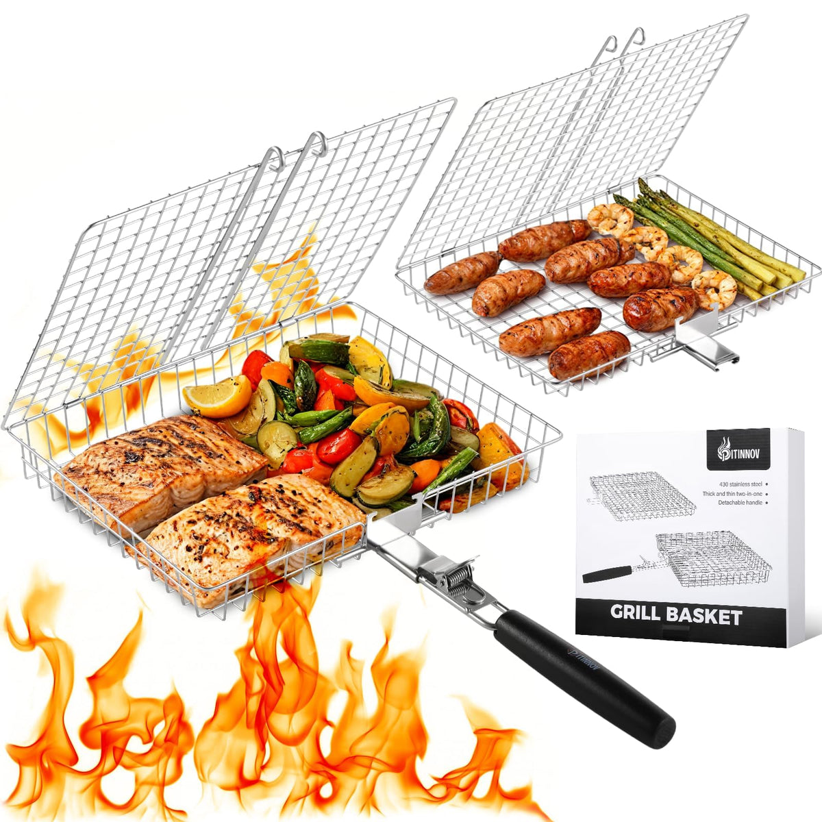 PitInnov Grill Baskets Set with thick and thin grid design