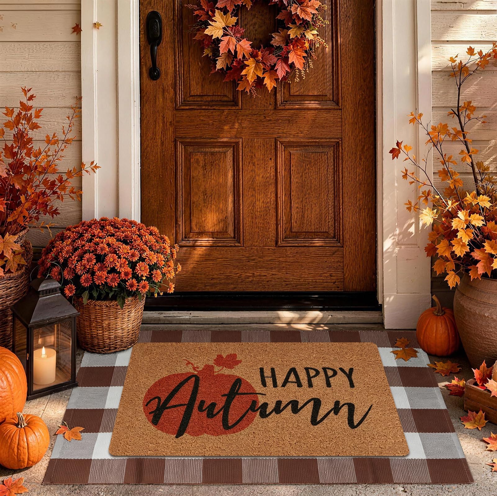 PIXFAIRY 2-Piece Fall Front Door Mat Set with coir and buffalo plaid
