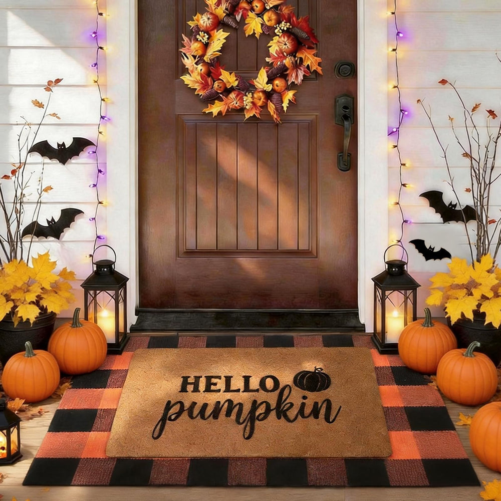 PIXFAIRY Halloween Door Mat Set including pumpkin coir and plaid mat