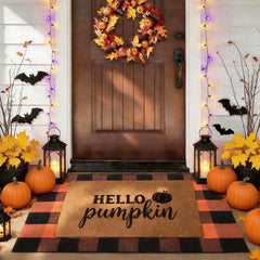PIXFAIRY Halloween Door Mat Set including pumpkin coir and plaid mat