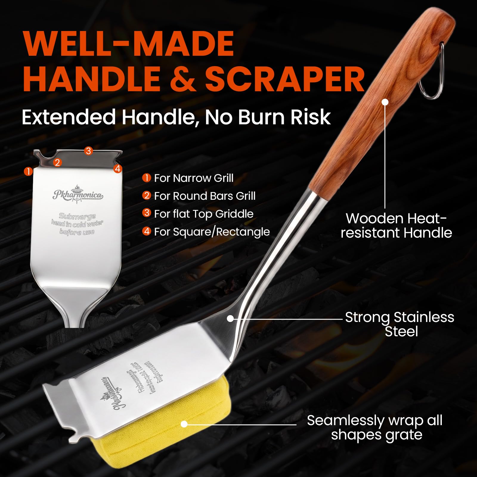 Pkharmonica grill brush with scraper and notches