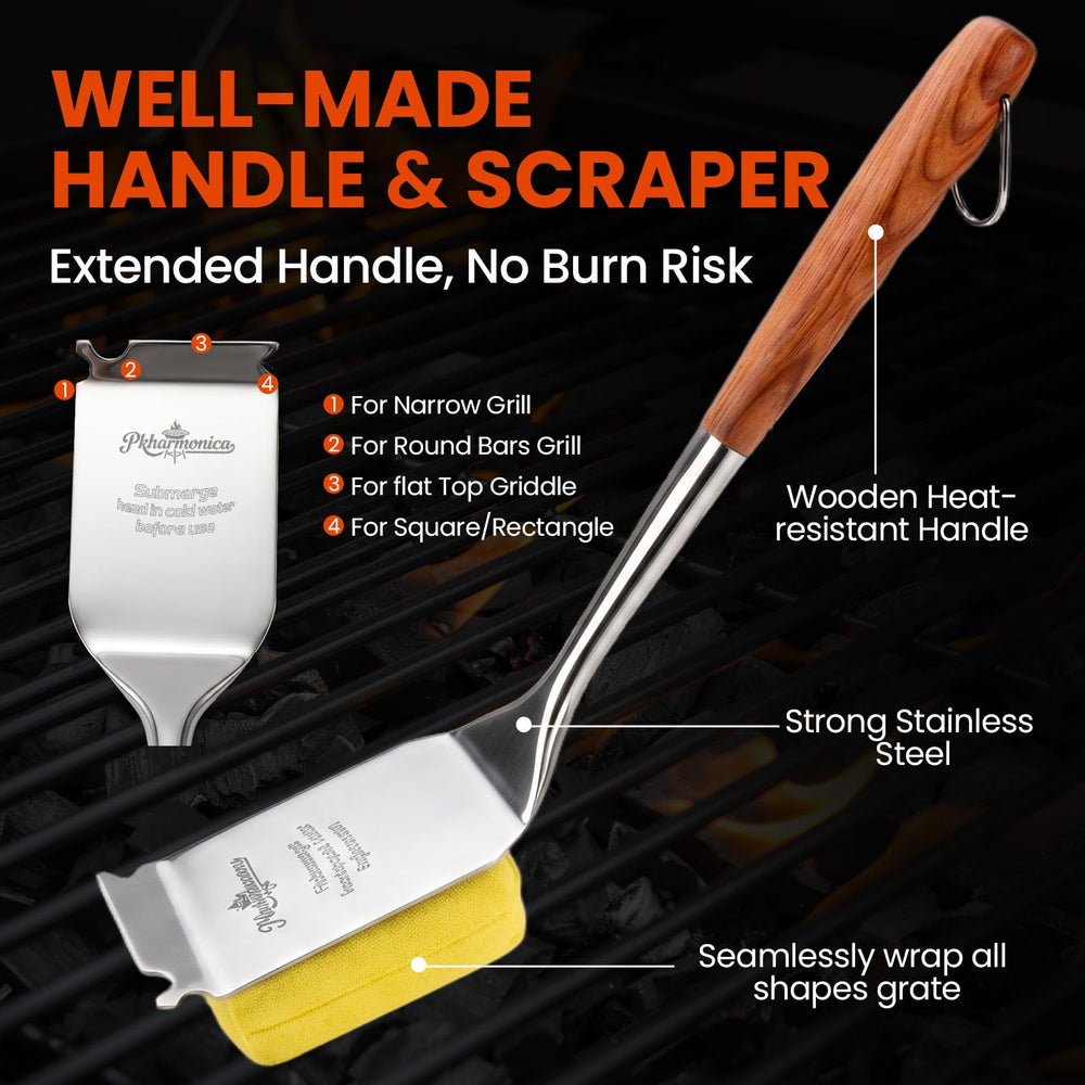 Pkharmonica grill brush with scraper and notches