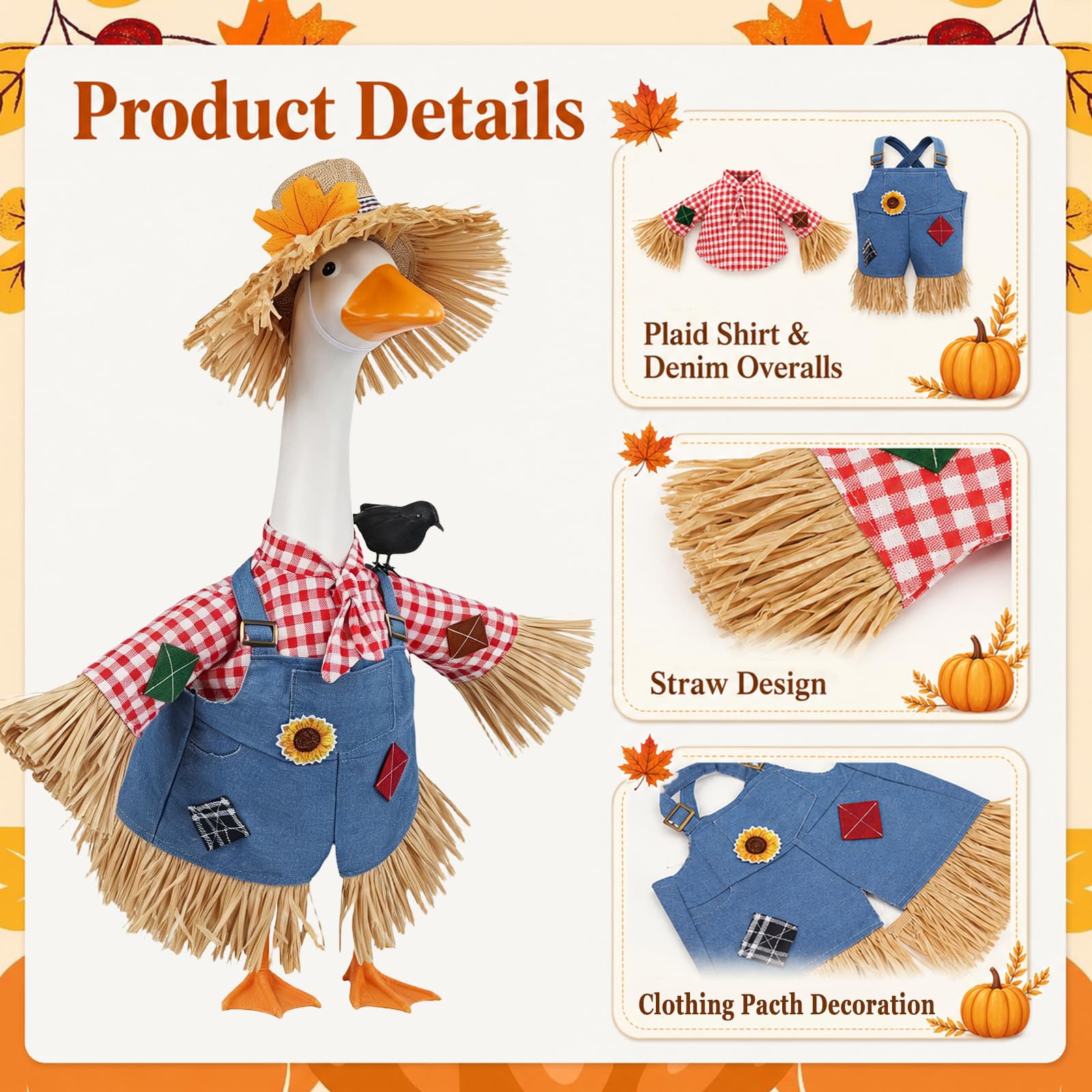 Plaid shirt and denim overalls included in the scarecrow costume