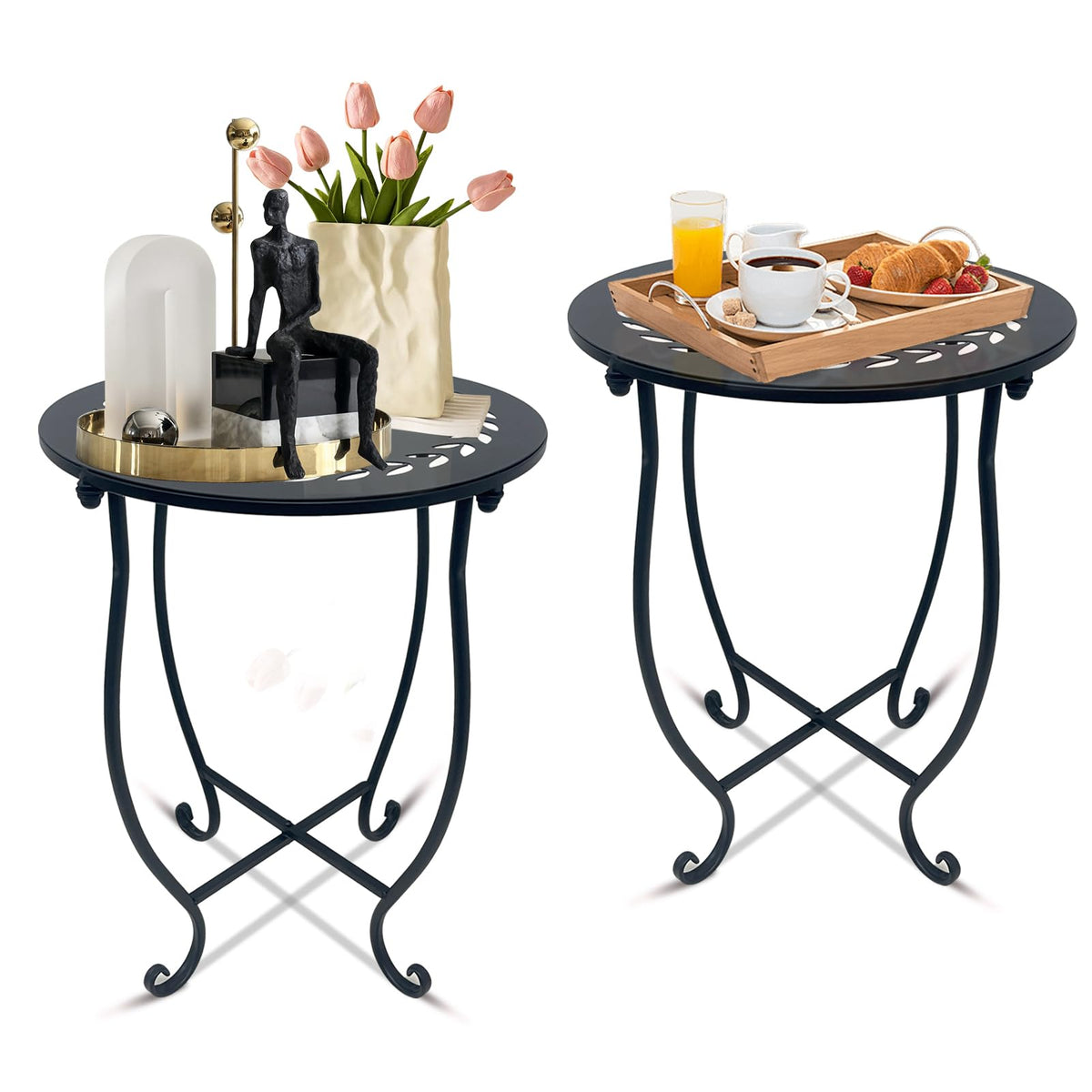 Plant Castle Round Side Table Set of 2, black metal, front view