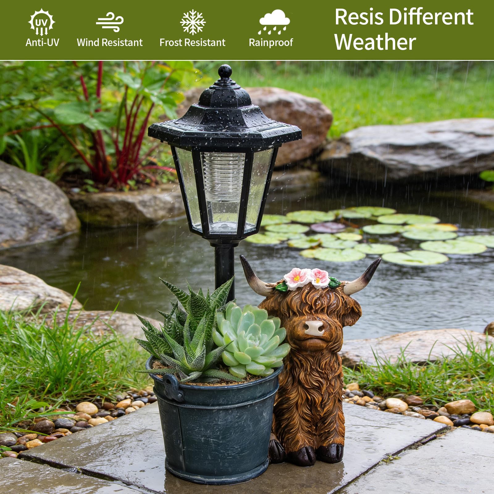 Planter section of the Highland cow statue with flowers