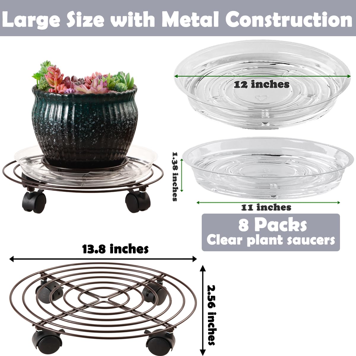 Planterhoma Metal Plant Caddy with wheels in brown