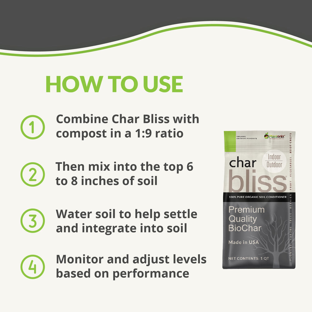 plantonix Char Bliss biochar soil amendment in a garden setting