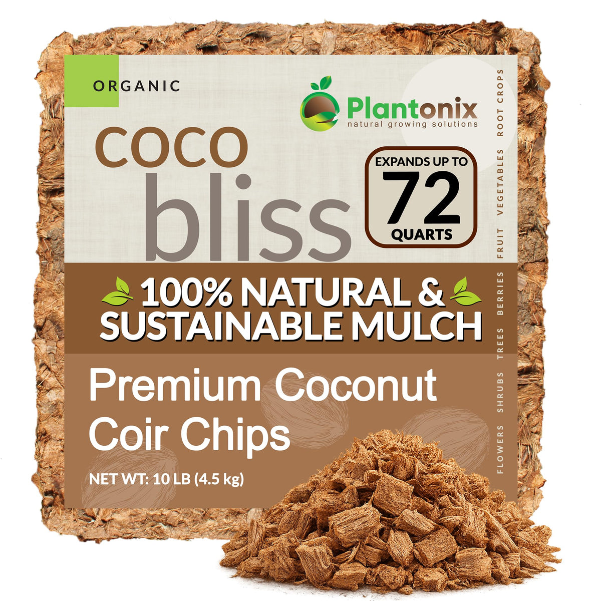 Plantonix Coco Chips Mulch Brick 10lbs front view