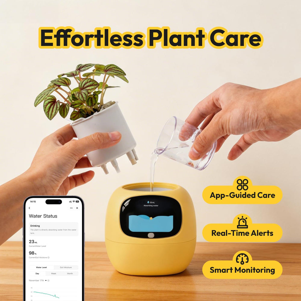 PLANTSIO Ivy AI Desk Companion with app interface on smartphone
