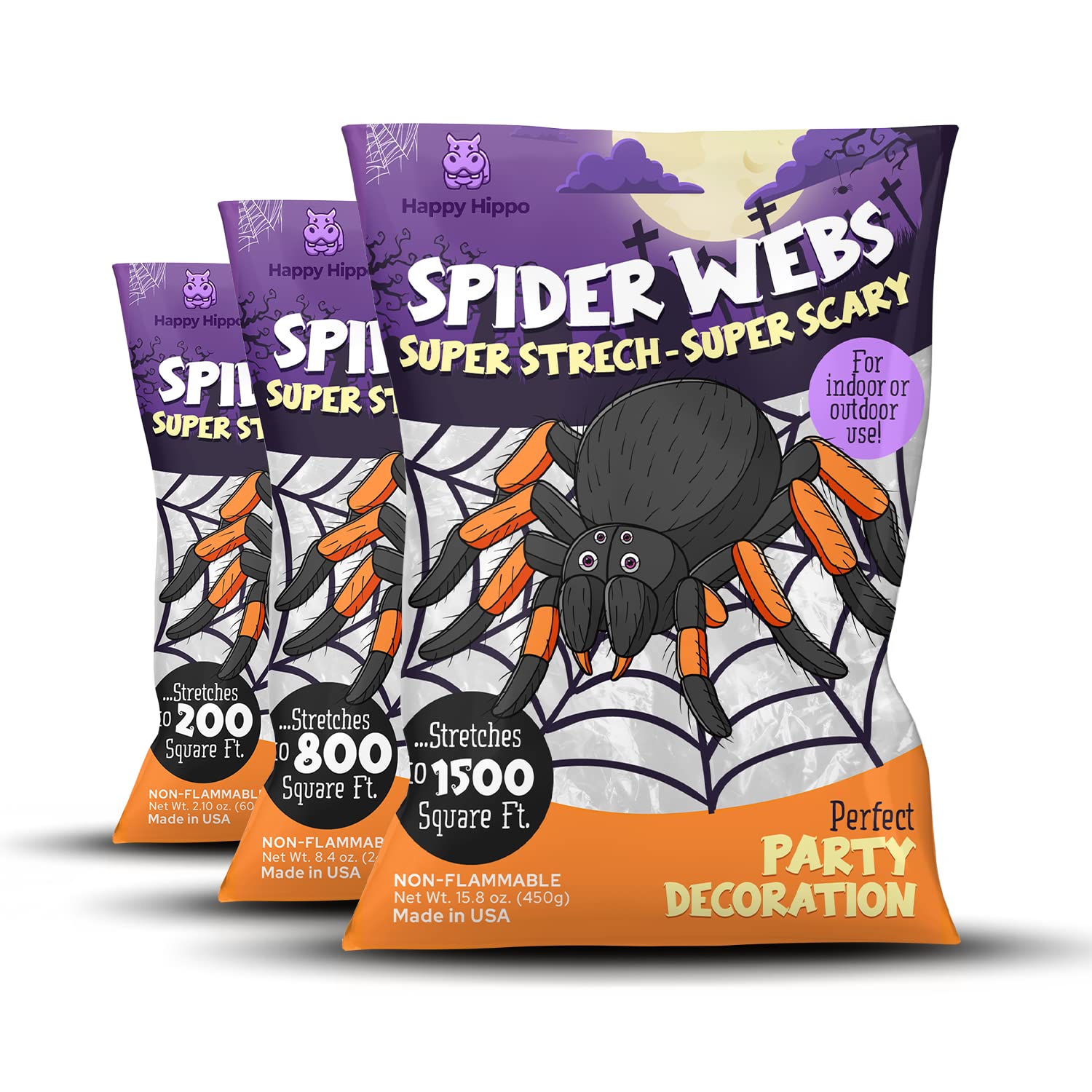 Plastic spiders included with Happy Hippo Halloween spider web