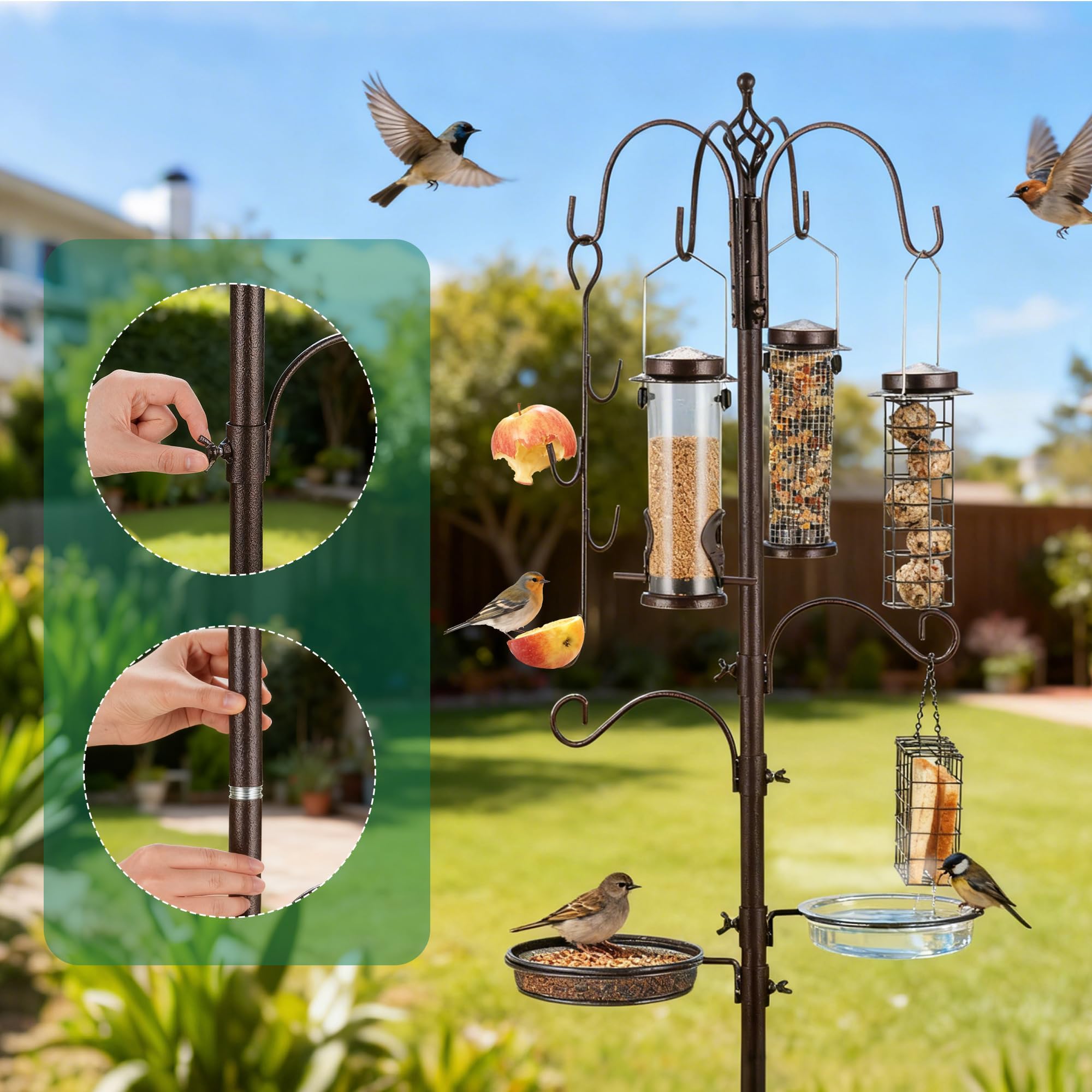 Plastic water bowl included with bird feeding station