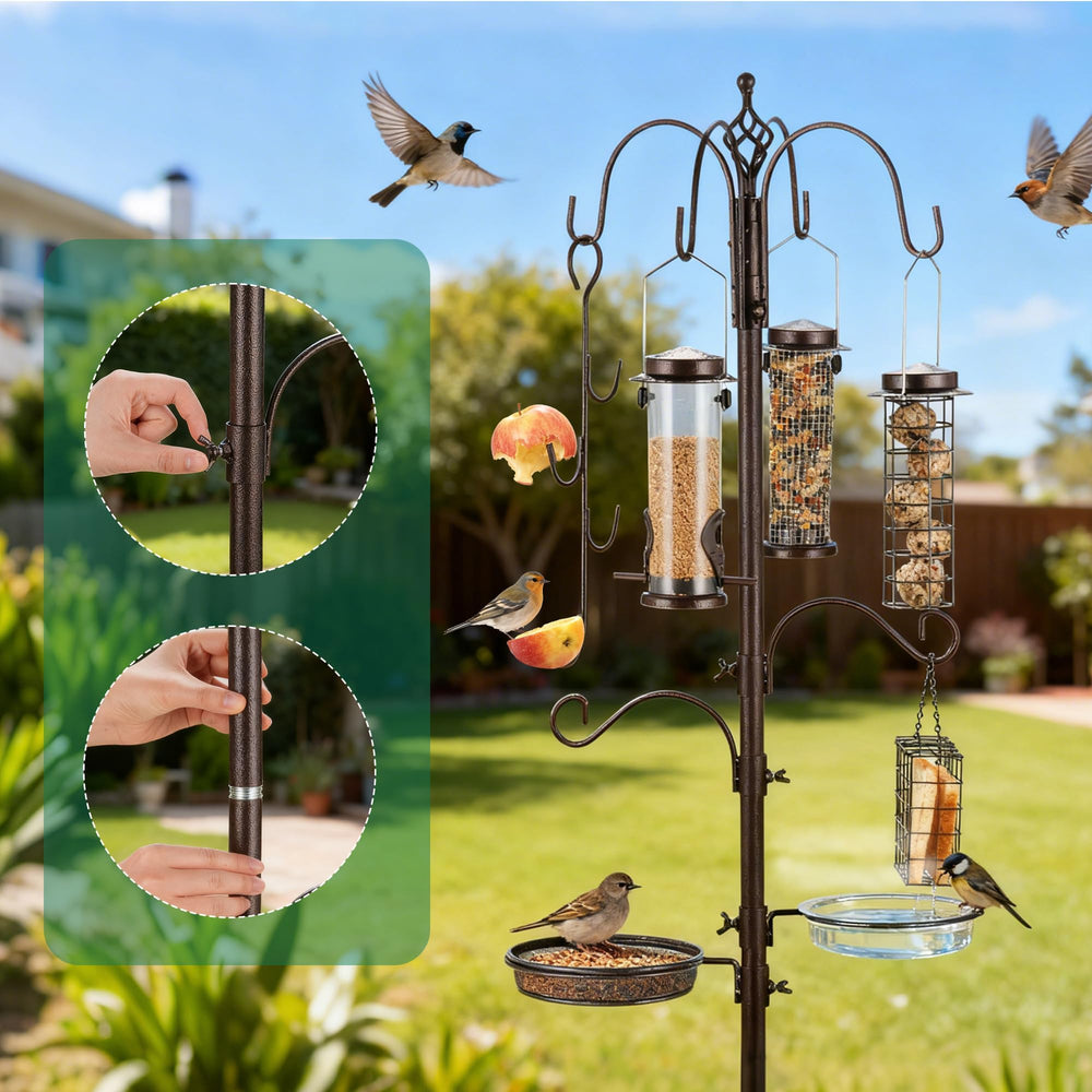 Plastic water bowl included with bird feeding station