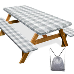 Play Tailor picnic table cover set includes one table cover and two bench covers, grey checkered pattern