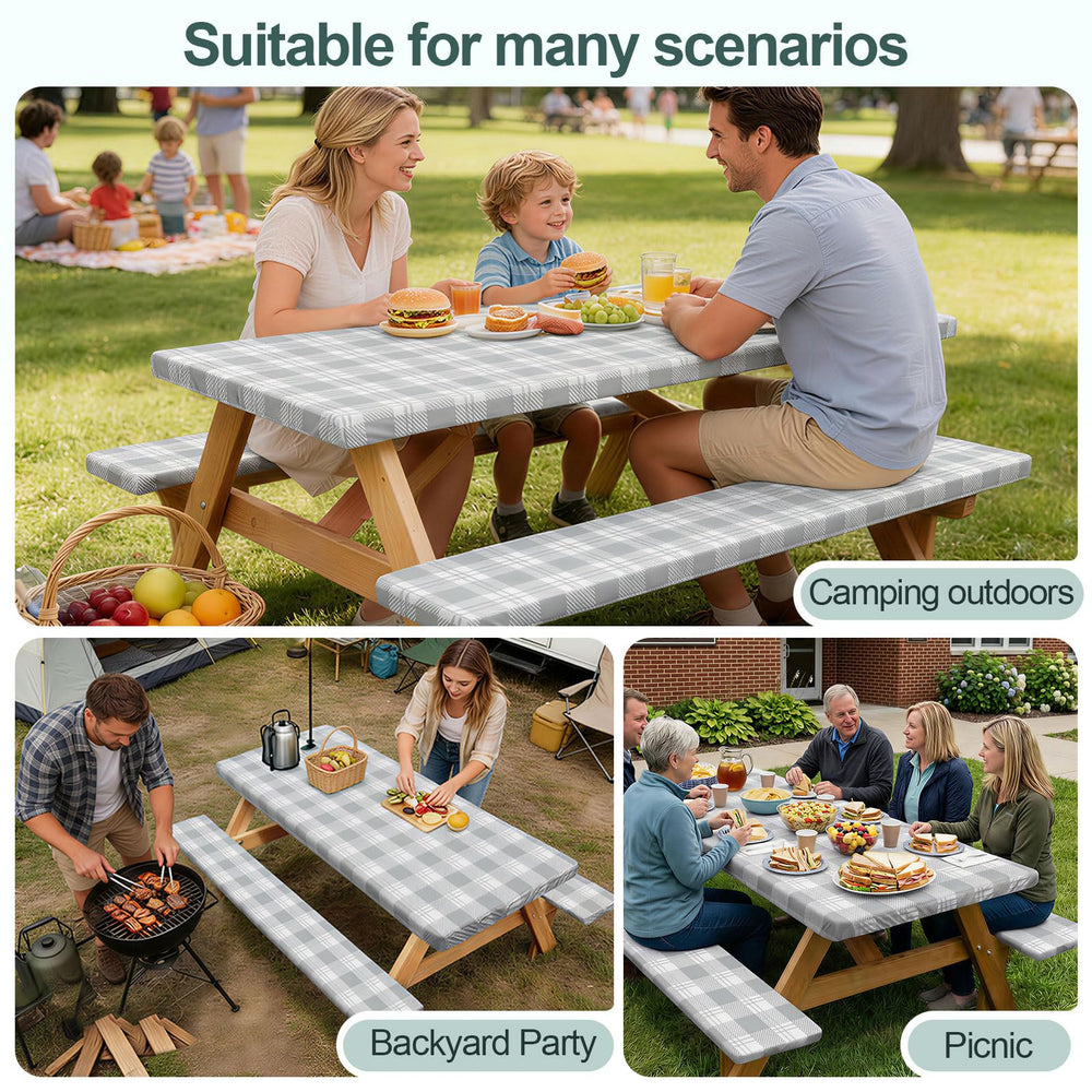 Play Tailor picnic table cover set showcasing the grey checkered pattern outdoors