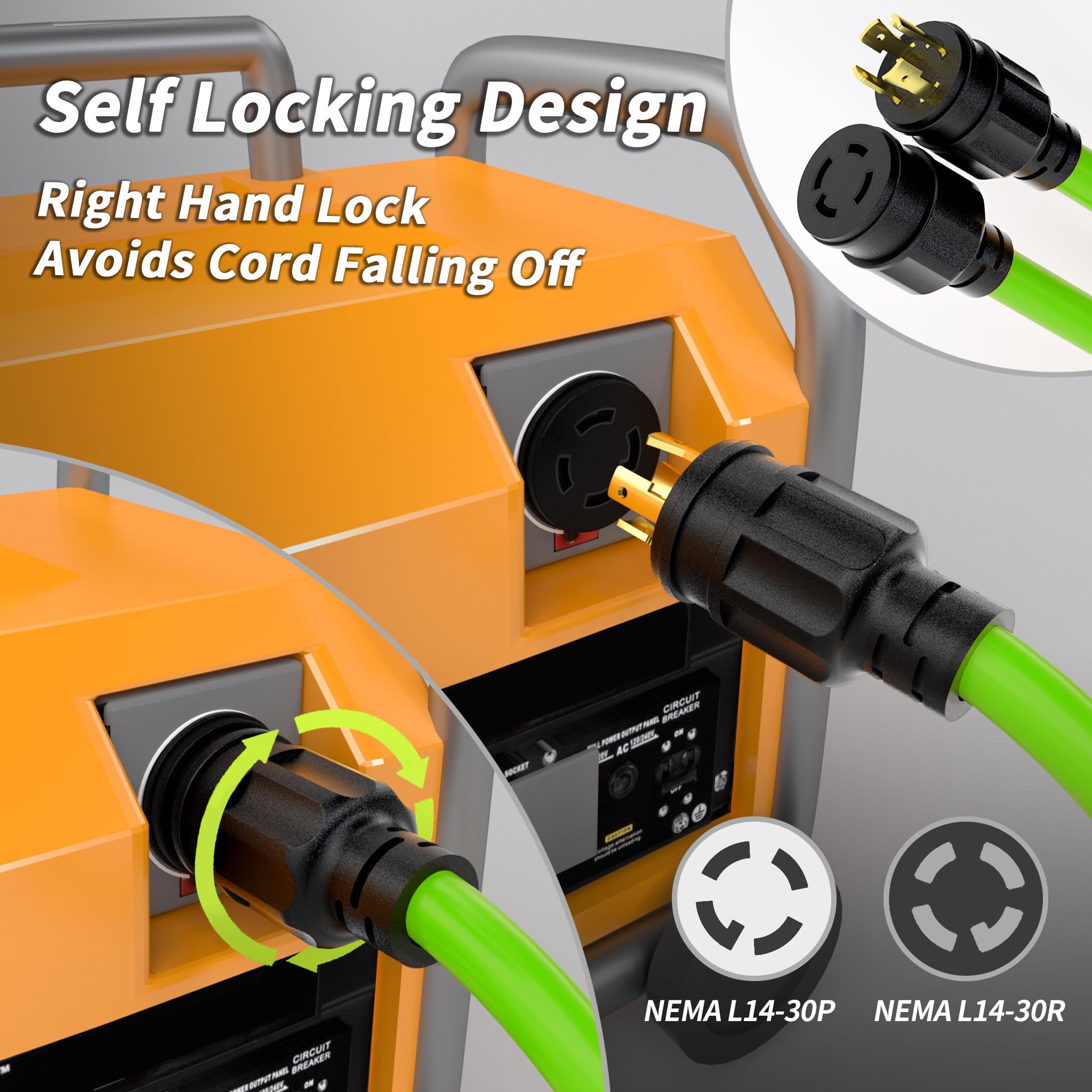 PlugSaf generator cord showcasing weather-resistant design