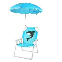 PLULON Kids Beach Chair with Umbrella front view, blue shark pattern