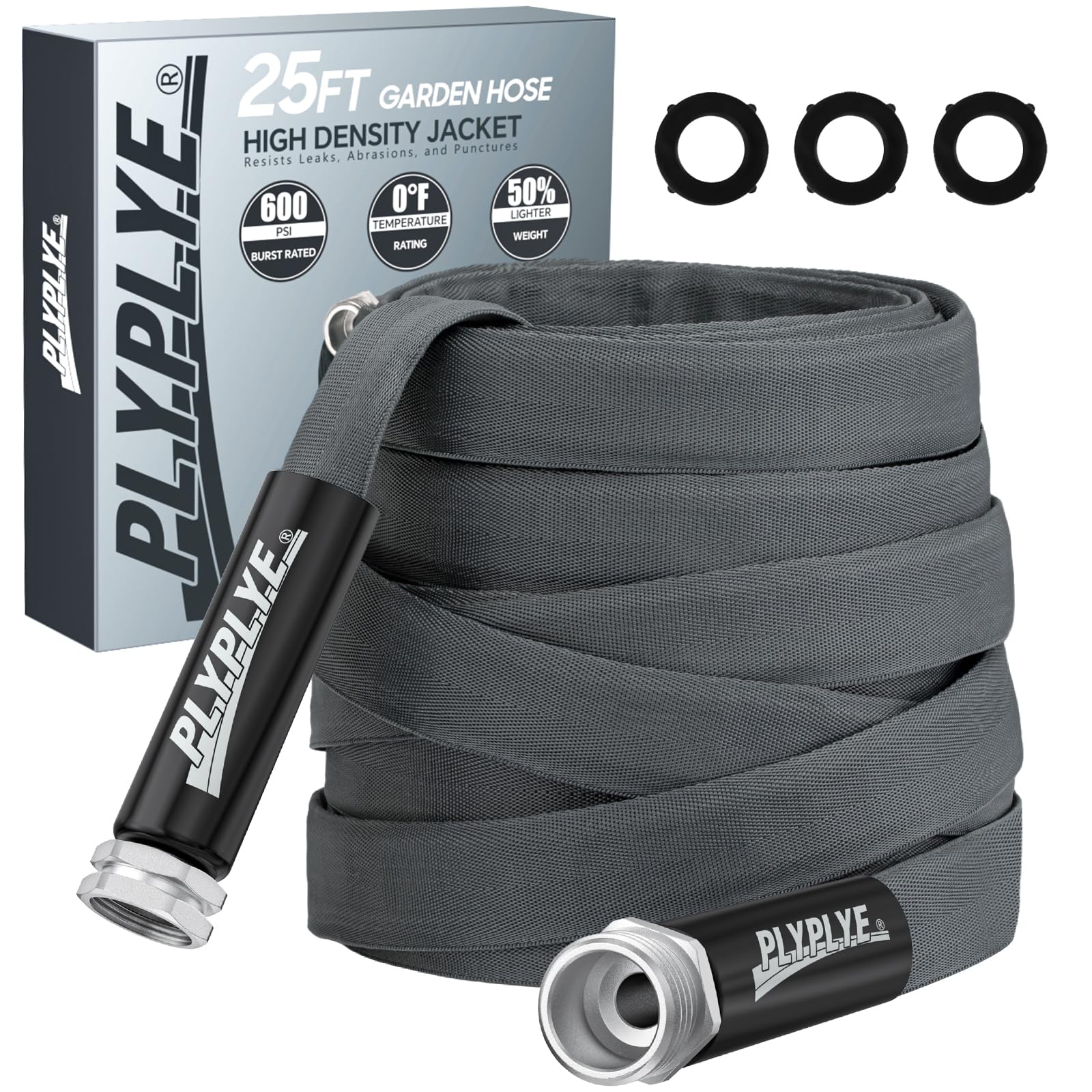 PLYPLYE Garden Hose 25ft, black and gray model front view