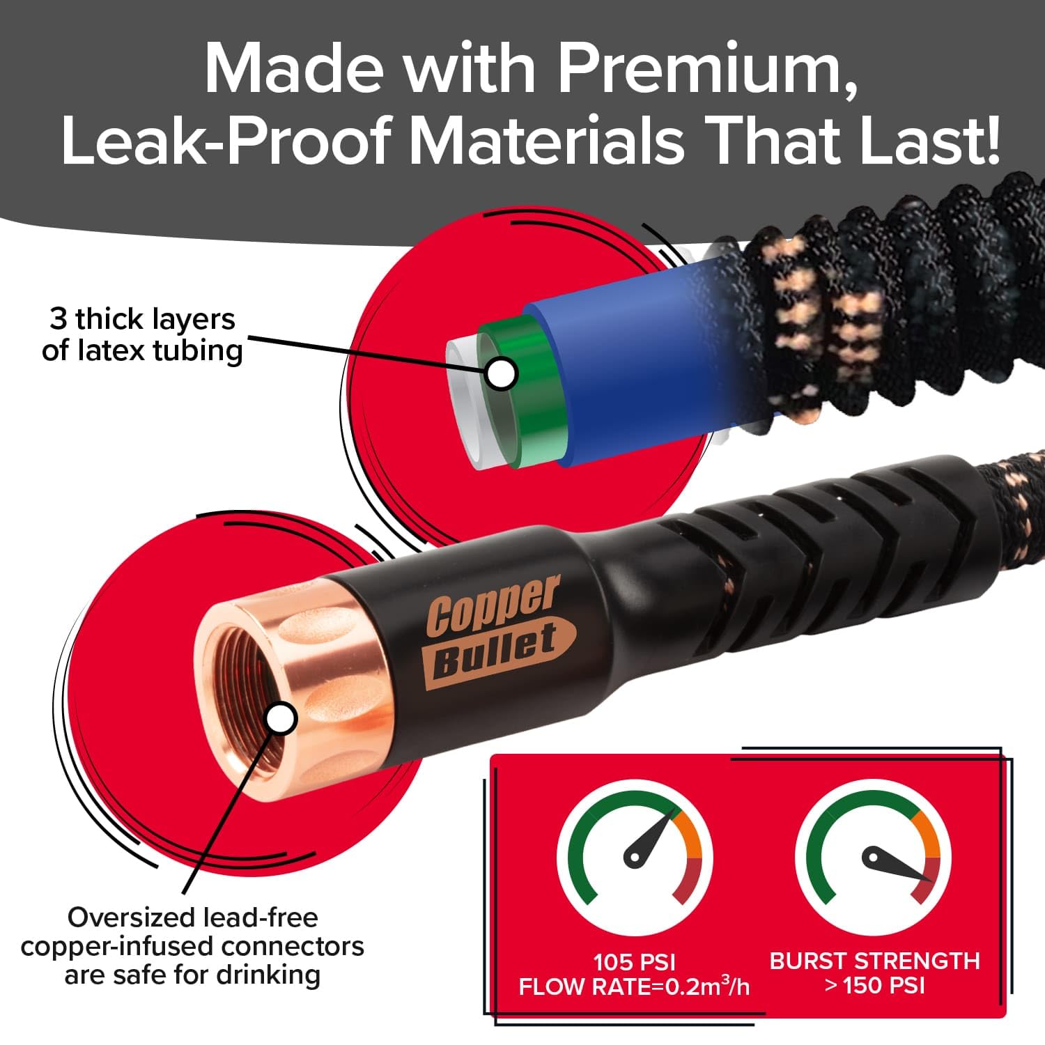Pocket Hose 100 FT Copper Bullet Hose in garden setting