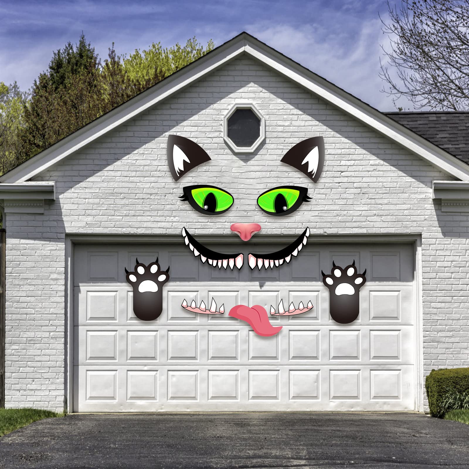 POILKMNI Halloween decorations displayed on a garage door