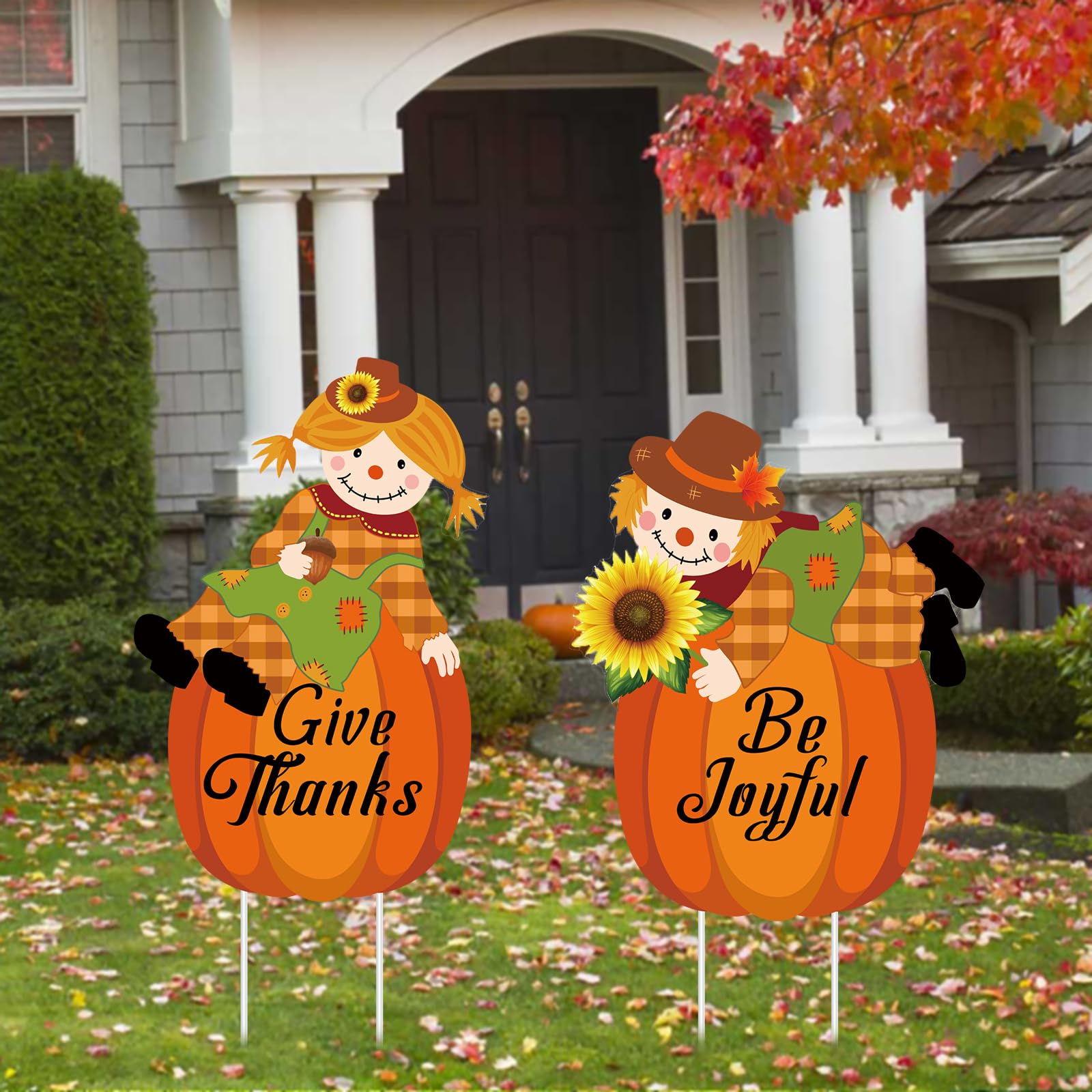 POILKMNI Thanksgiving scarecrow sign set displayed on porch