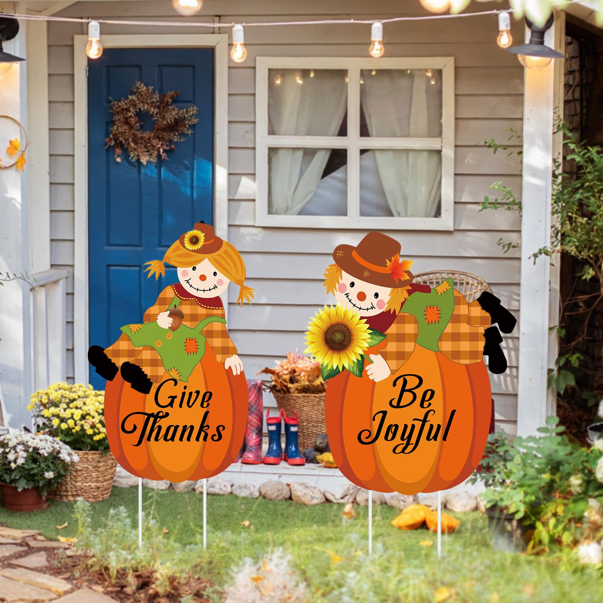 POILKMNI Thanksgiving Scarecrow Yard Sign front view with pumpkins