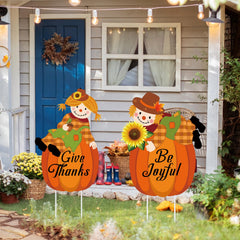 POILKMNI Thanksgiving Scarecrow Yard Sign front view with pumpkins