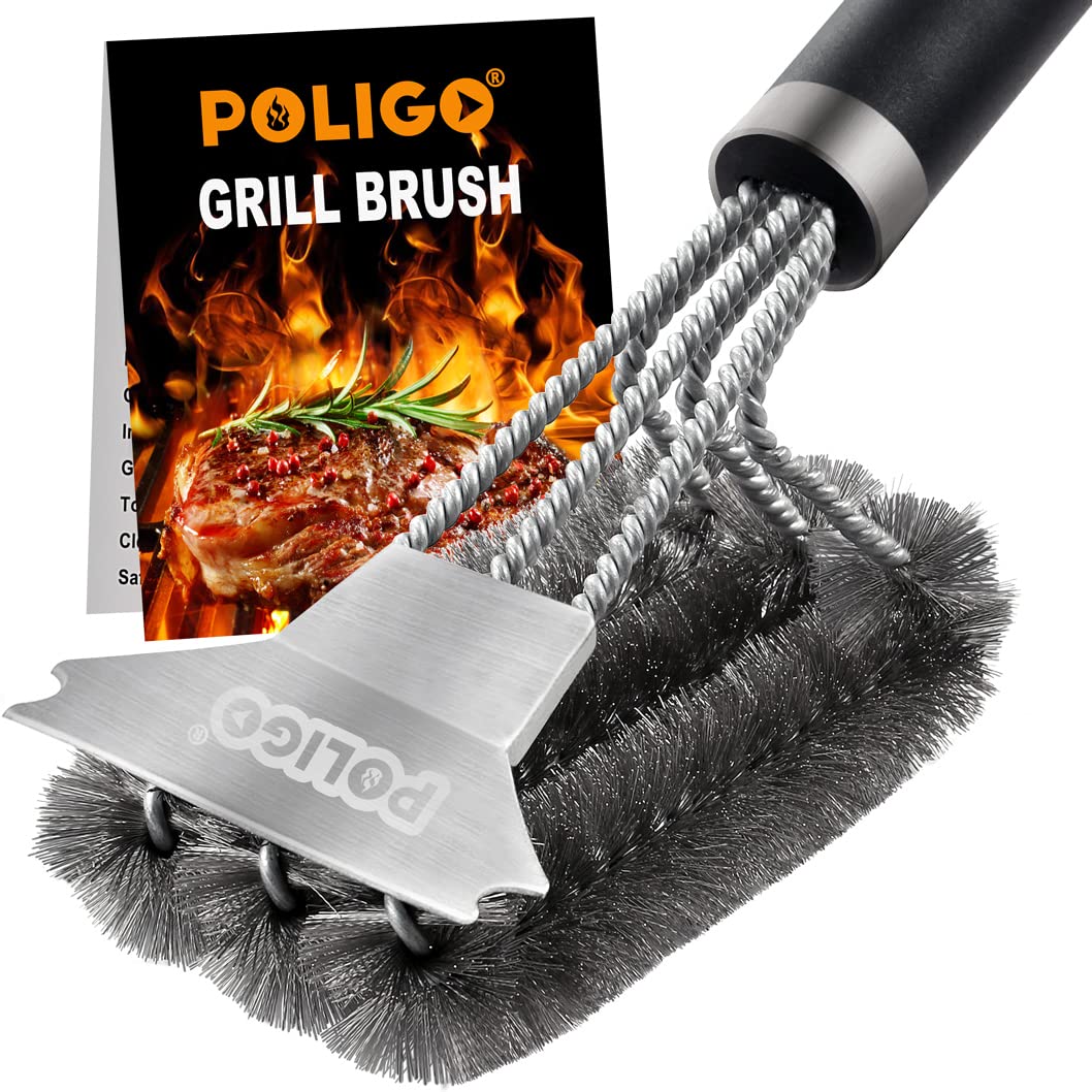 POLIGO 18-inch grill brush front view with stainless steel bristles