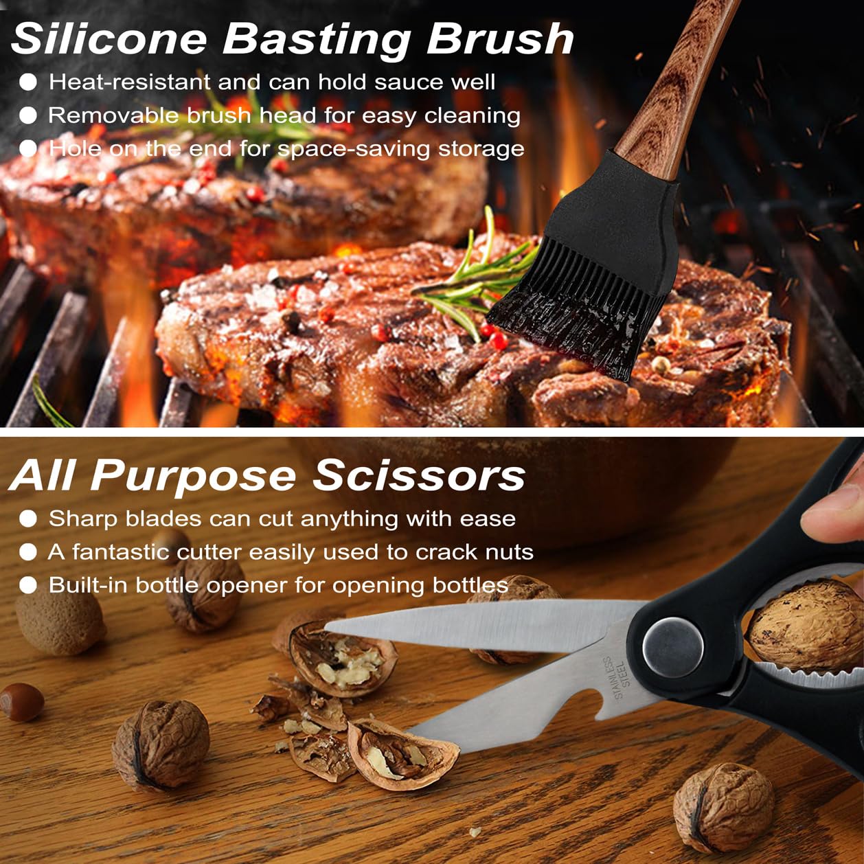 POLIGO BBQ grilling tools set displayed on a table outdoors