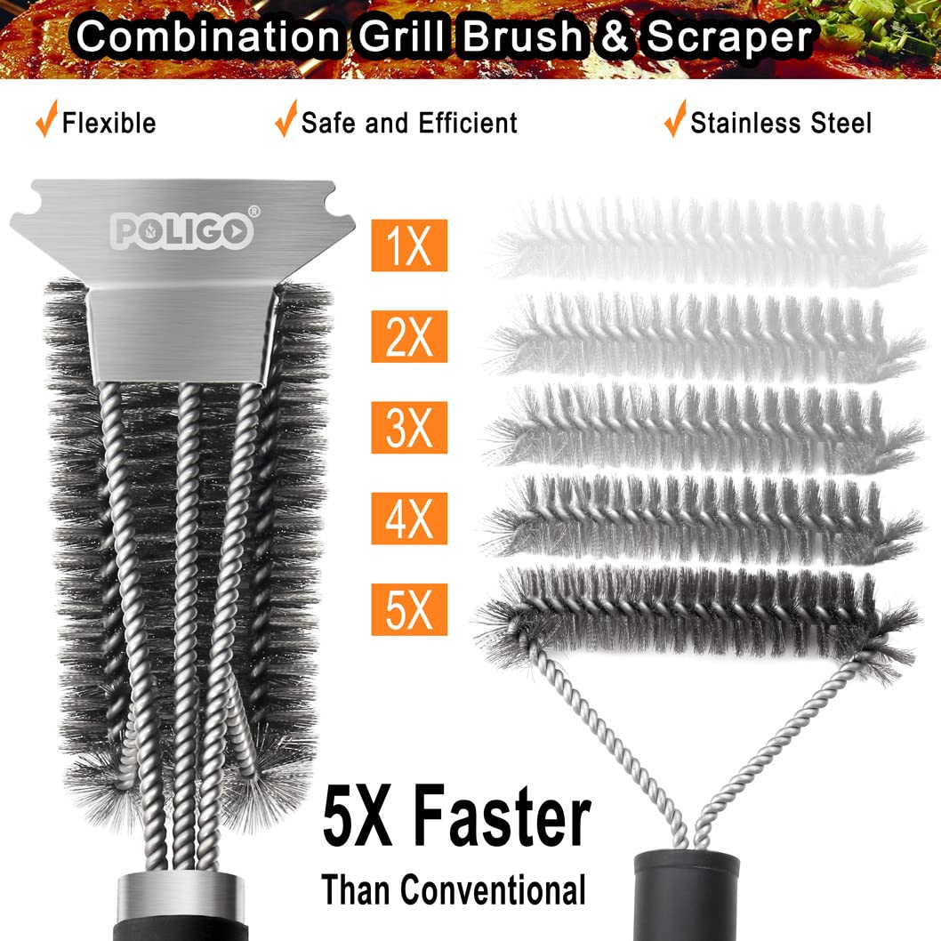 POLIGO grill brush in use on an outdoor grill