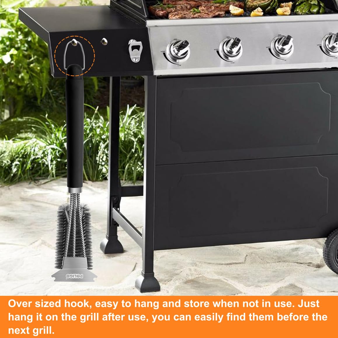 POLIGO grill brush on a grill showcasing cleaning ability