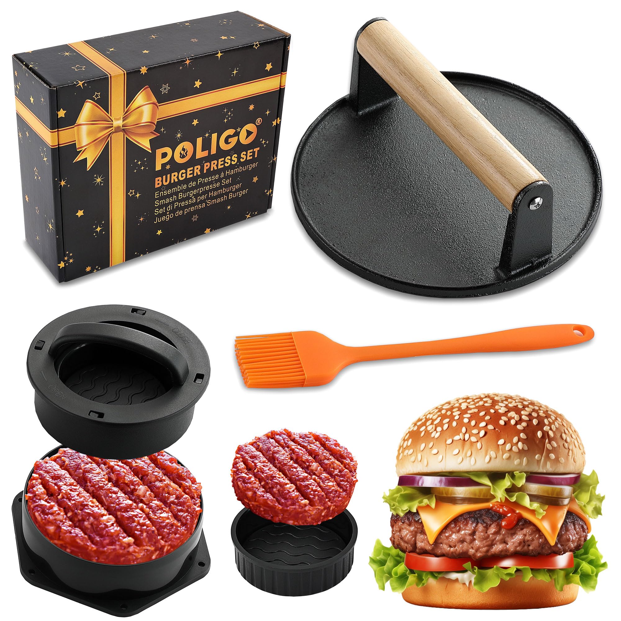 POLIGO Smash Burger Press Kit including cast iron press and molds